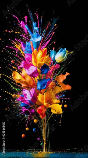 Fototapeta On a black background, an abstract bouquet of spring flowers made of bright splashes of colors