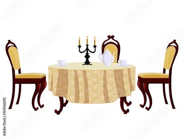 Obraz Cartoon dining table and chair in vintage style for dining room, isolated on white.