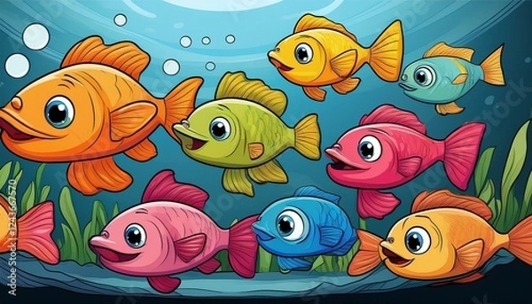 Fototapeta colorful cartoon fish with playful expressions