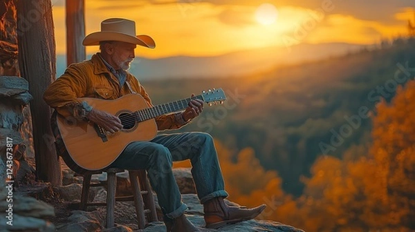 Obraz portrait of a middle aged man in a cowboy hat and cowboy outfit playing a guitar on a cliff. He is staring at his guitar. He is sitting on a wooden chair 