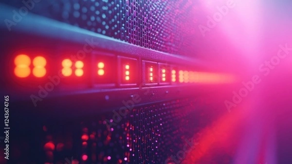 Fototapeta Abstract close-up of illuminated server lights in a data center with vibrant colors