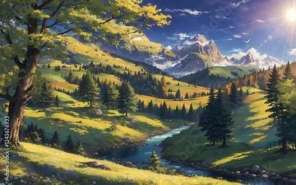 Fototapeta autumn in the mountains, Mountain Valley Serenity