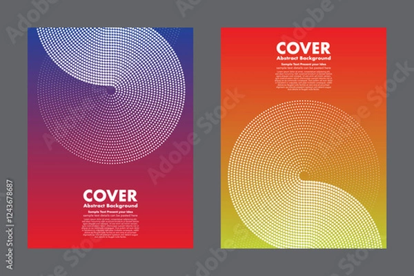 Fototapeta Abstract vector background featuring dynamic spiral halftone dots pattern on vibrant gradient red to purple and orange to yellow green. For cover, digital artwork, poster, annual report.