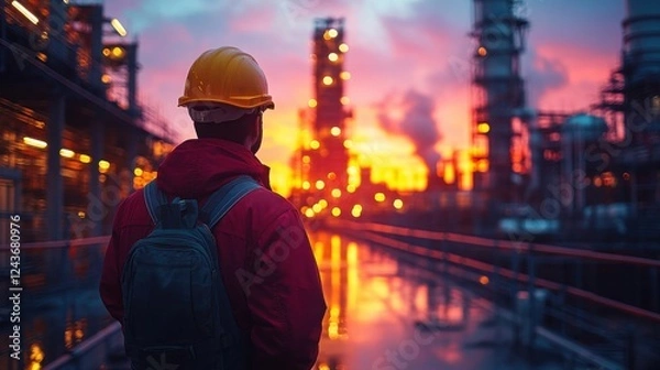 Fototapeta Engineer and construction team at work, silhouetted against a warm sunset, embodying teamwork and progress in industrial settings.