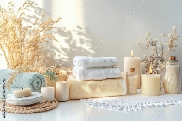 Obraz Conjunto de itens de spa com toalhas, velas e elementos decorativos em tons neutros, capturados com luz natural suave, criado com IA generativa.