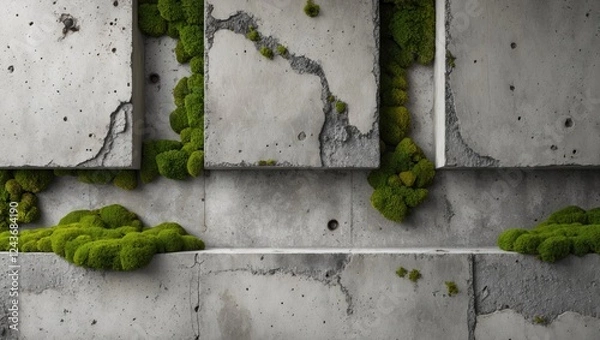 Fototapeta Concrete panels with vibrant green moss texture creating a unique contrast in an abstract background composition for artistic designs.