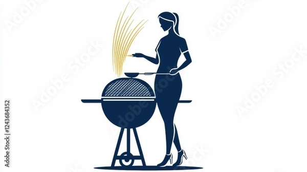 Fototapeta A stylish silhouette of a woman grilling at a barbecue, showcasing the art of cooking outdoors with flair and sophistication, perfect for food enthusiasts and summer gatherings.