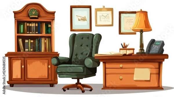 Obraz Cozy office interior with wooden furniture, bookshelves, and a desk lamp, showcasing a productive workspace
