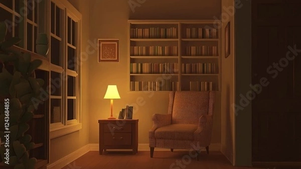 Fototapeta Cozy evening reading nook, home library, warm light.  Relaxing atmosphere.