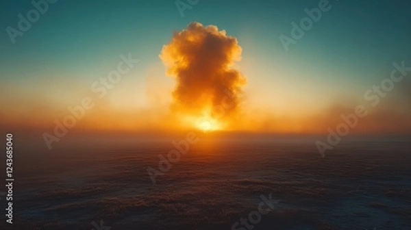 Fototapeta A tranquil landscape disrupted by a distant explosion, blending calm and chaos under soft sunlight.