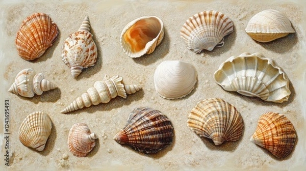 Fototapeta A collection of various seashells arranged on a sandy surface.
