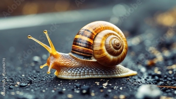 Fototapeta Golden snail crawling on a dark road showcasing its vibrant shell and delicate antennae with a blurred background highlighting its environment.