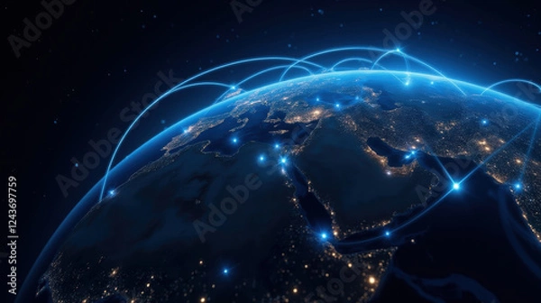 Fototapeta Global network connections over Earth at night, showcasing illuminated cities and data flow