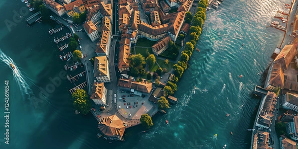 Fototapeta Aerial view of a riverfront town with charming buildings, green trees, and shimmering water, highlighting a vibrant urban landscape.

