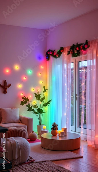 Fototapeta composition homely festive atmosphere in the interior, comfort concept, Colored gel lighting. with white shades