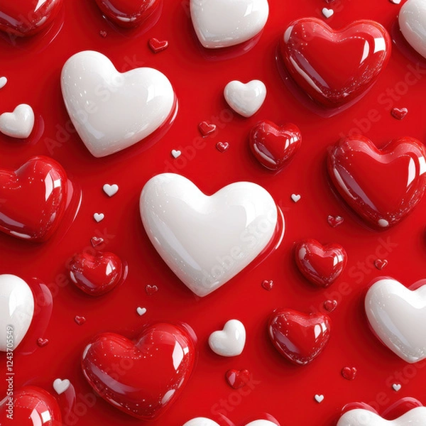Fototapeta Glossy red and white hearts on vibrant red background create cheerful and romantic atmosphere, perfect for celebrations and decorations