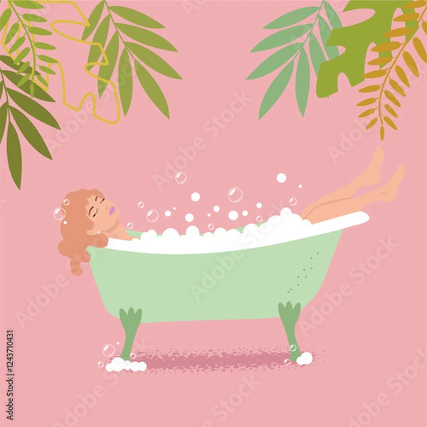 Obraz Print Girl in a bath with bubbles on a pink background. Poster. Spa Salon. Sale. Girl in a bath with bubbles on a pink  background with leaves