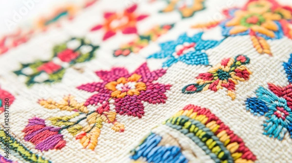 Fototapeta Close up of colorful folk embroidery with traditional patterns for textile design