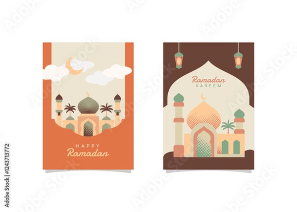 Fototapeta High-quality Islamic Ramadan Greeting Cards. Modular mosque illustration in halftone vector style. Perfect for celebrating Ramadan Kareem, Eid Mubarak, and Islamic festivals.