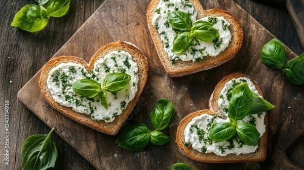 Fototapeta A charming top-view of heart-shaped sandwiches, decorated with basil leaves and cream cheese
