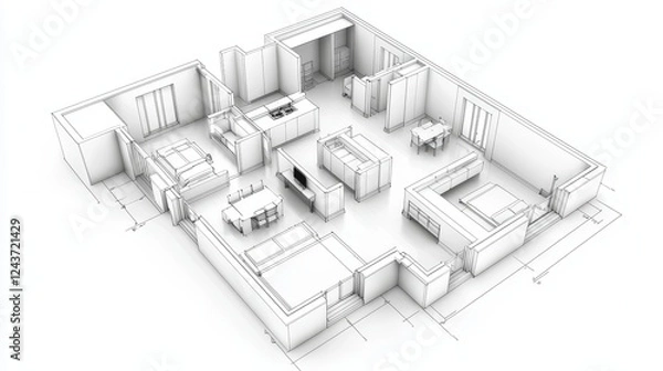 Fototapeta Striking 3d architectural rendering of a modern house design with detailed blueprint visualization