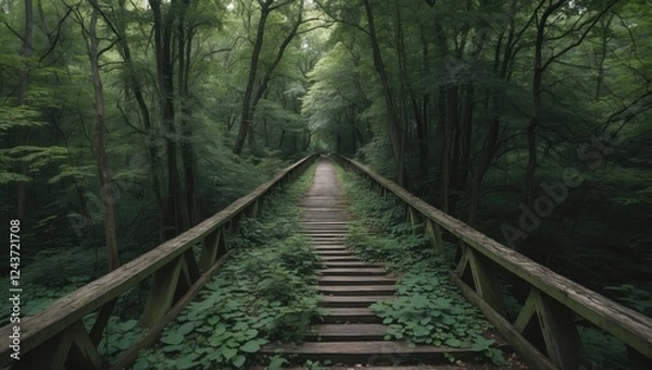 Fototapeta Lush Overgrown Bridge Winding Through a Serene Dense Forest Pathway Inviting Nature Exploration and Tranquility