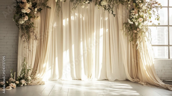 Fototapeta serene boho wedding backdrop with flowing drapes and floral arrangements