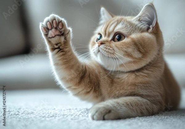 Fototapeta Adorable fluffy light brown cat with raised paw looking cute while lying on the floor, showcasing its playful and curious expression in a cozy setting