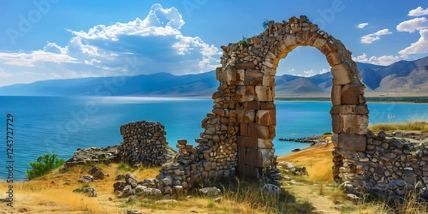 Fototapeta An ancient stone archway amidst ruins overlooks a serene blue lake and distant mountains under a bright, cloud-filled sky.

