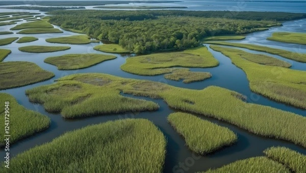 Fototapeta Aerial Perspective of Vibrant Coastal Wetlands Showcasing Lush Greenery and Tranquil Waterways Ideal for Nature and Landscape Themes