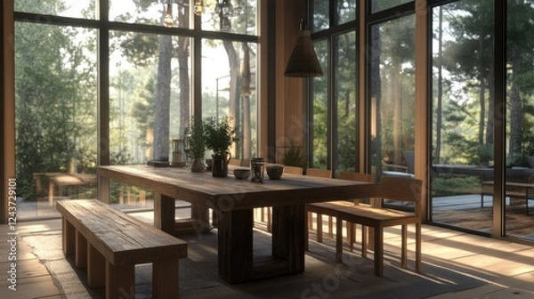 Fototapeta Sunlit modern dining room with large windows overlooking forest.
