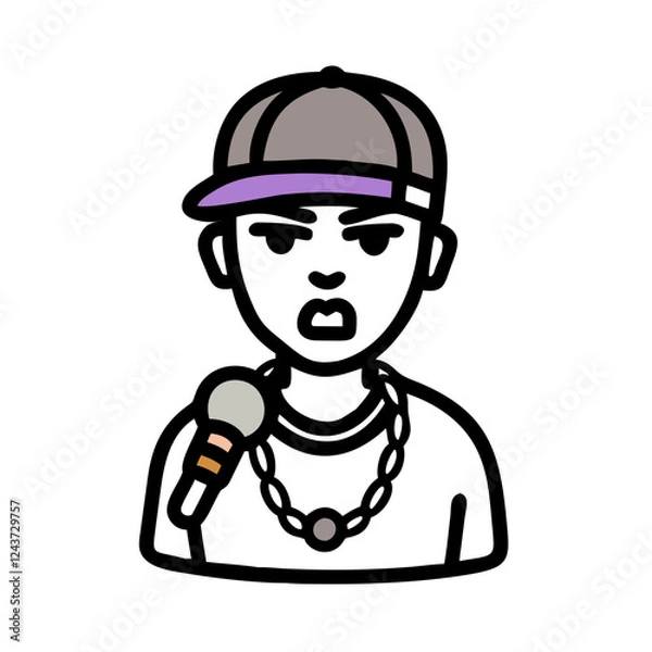 Fototapeta Rapper with microphone and cap, expressing confidence and style