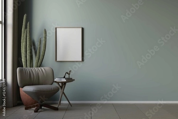 Fototapeta framed poster mockup on the wall in simple living room interior background with lounge chair and green wall. 3d illustration