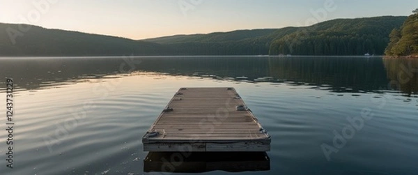 Obraz Tranquil Dock on a Serene Lake at Sunrise Surrounded by Lush Forested Hills and Calm Waters