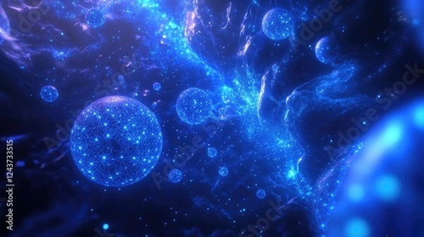 Fototapeta Abstract representation of data connections, glowing blue spheres linked in space