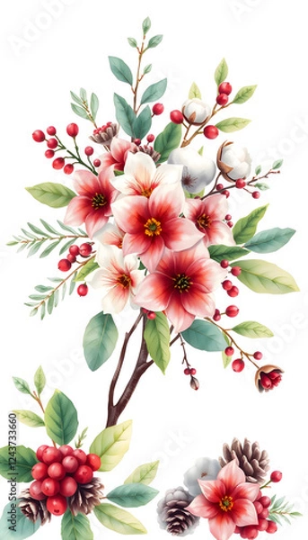 Obraz Watercolor Christmas bouquets with winter flowers, leaves, branches on tree, berries, cotton and cones, isolated on white background, realistic. with white shades