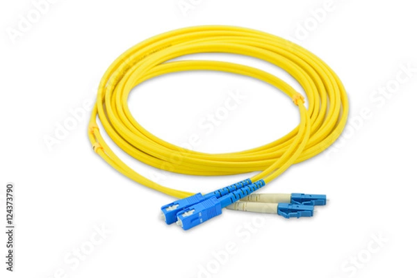 Fototapeta Fiber optics single mode patch cord SC to LC connector, isolated on white background