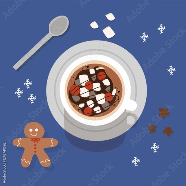 Fototapeta hot chocolate and marshmallows and berry vector ilustration background 