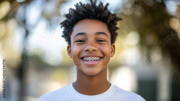 Fototapeta Young boy with curly hair and braces smiling joyfully outdoors against a blurred background of trees and sunlight in a cheerful atmosphere of youth and happiness
