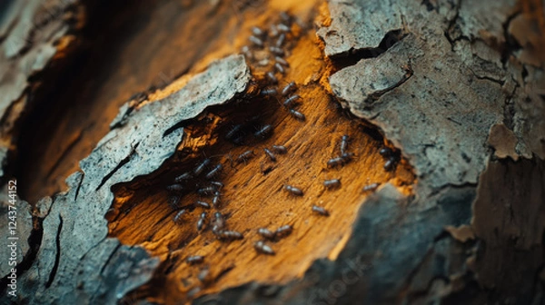 Fototapeta Close-Up View of Termites Feeding on Decaying Wood in a Forest Environment Highlighting the Intricate Life Cycle of these Essential Ecosystem Decomposers