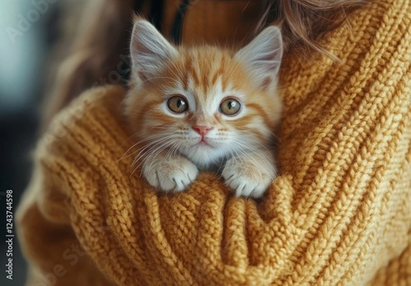 Fototapeta Adorable orange kitten snuggled in cozy sweater, looking curiously at the camera, evoking feelings of warmth, comfort, and endearing companionship