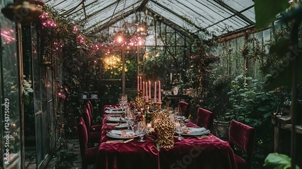 Fototapeta Dinner setup inside a vintage greenhouse with cascading vines soft pink fairy lights and a table adorned with velvet red linens and intricate gold candle holders no people