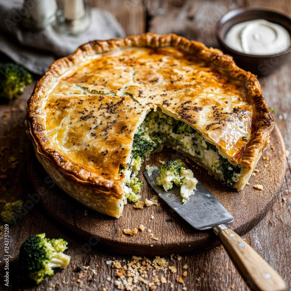 Fototapeta Captured mid-slice rustic cauliflower, broccoli, and cheese pie