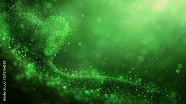 Fototapeta Green glowing heart with sparkling particles, abstract romantic Valentine's Day design, dreamy love symbol, festive digital art, vibrant holiday background, magical fantasy illustration.