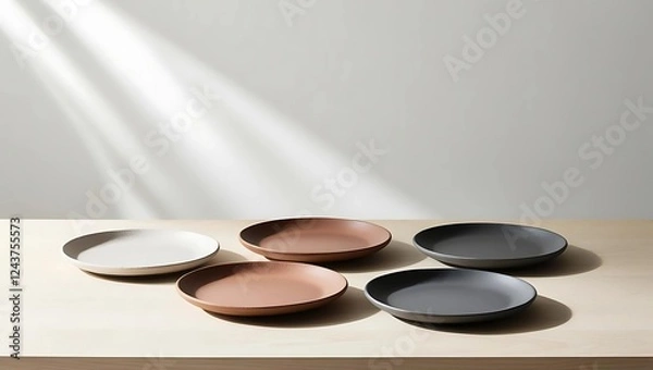 Obraz Minimalist Ceramic Plates with Earthy Textures and Muted Tones on Wooden Table, Soft Natural Lighting and White Background  
