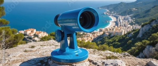 Fototapeta Close Up View of a Blue Public Monocular on a Mountain Overlooking the Mediterranean Sea and Scenic Touristic Town with Clear Sky