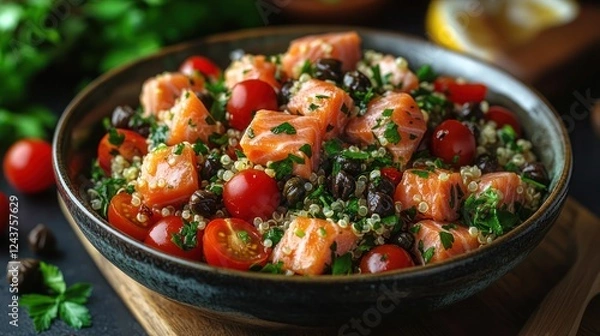 Obraz Smoked Salmon and Capers Quinoa Salad Nutty quinoa salad mixed with smoked salmon, capers, cherry tomatoes, and parsley