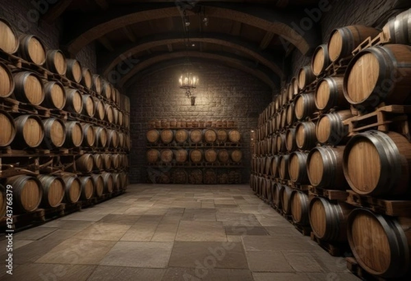 Fototapeta Wooden wine barrels neatly arranged in a dimly lit dungeon, wooden, barrels, rustic