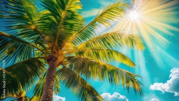 Fototapeta Palm Tree Leaf Glowing in Sunlight with Lush Background and Clear Sky Perfect for Nature Themes and Text Overlay