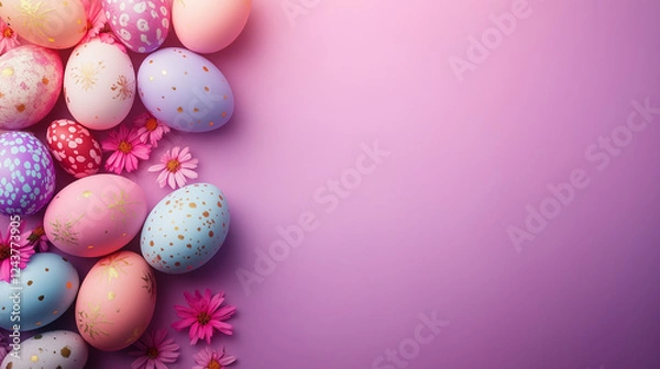 Fototapeta Easter background with easter eggs and flowers